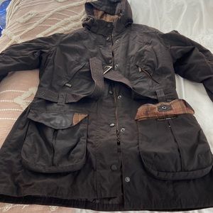 Barbour coat. Size 12. Brown. Detachable hood. Belted. Lightly used.